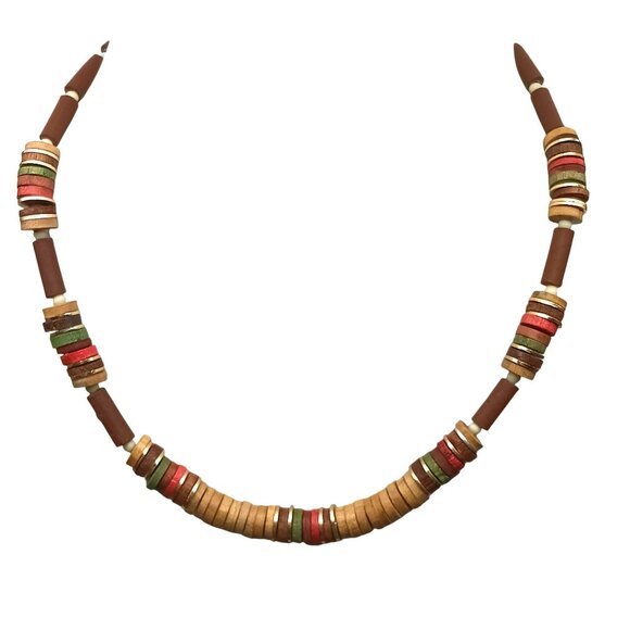 Vintage Wooden Beaded Choker Necklace with Cylindrical & Disc-Shaped Beads - Picture 1 of 3